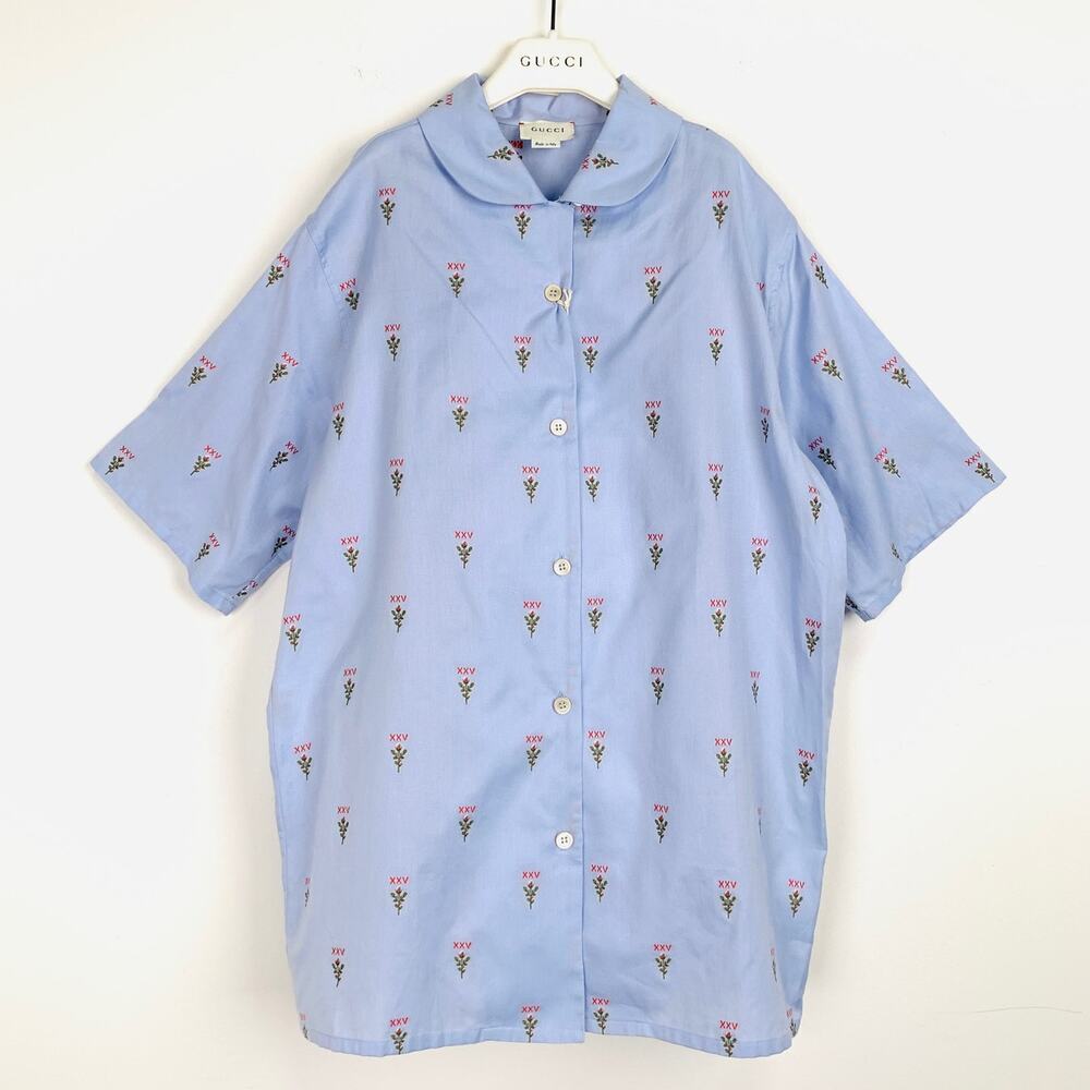 NWT Gucci Kids shirt Size 12 in Blue XXV Embroidered flower
